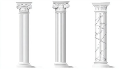 Realistic Vector Marble Antique Columns and Pillars with Ornate Capitals: Roman and Greek Architecture Elements Featuring Classic Fluted Stonework for Temples and Ancient Buildings