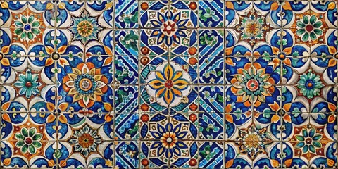 Ceramic mosaic tiles texture with intricate patterns and vibrant colors, ceramic, mosaic, tiles, texture, intricate