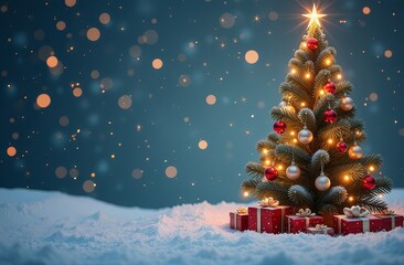 Obraz premium Christmas tree with gifts box on Christmas festive background with copy space