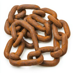Fototapeta premium A tangled arrangement of rusty chains on a white isolated background, showcasing the texture and details of metal corrosion.