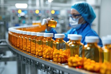 A woman in a blue coat works on a conveyor belt, focused on her task