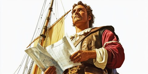 Obraz premium [Columbus standing tall with his shipâ€™s mast and sails in the background, holding navigational charts], on a white background, high resolution, 