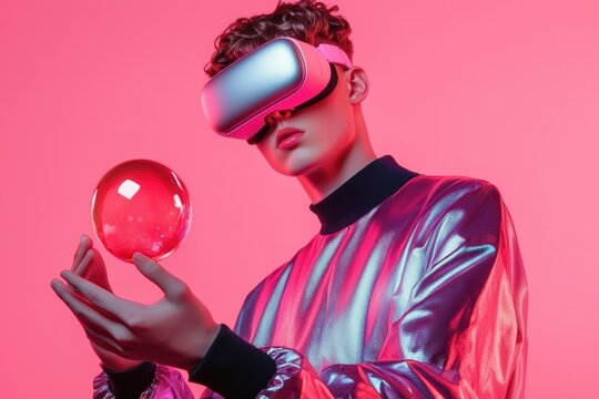A young person wearing virtual reality goggles, holding a glowing orb, set against a vibrant pink background, showcasing futuristic technology.