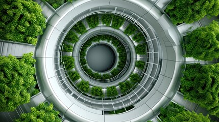Aerial view of a modern circular structure surrounded by lush green vegetation, showcasing a blend of nature and architecture.