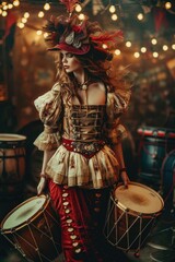 A woman dressed up in a fancy outfit is holding a drum, perfect for music-themed or cultural event visuals