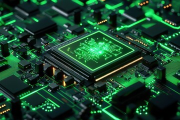 Obraz premium Close-up of a modern computer chip on a circuit board, showcasing intricate circuit designs and vibrant green illumination.