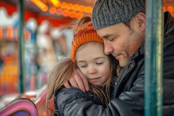 A fatherly figure embracing a young girl as they ride a colorful merry-go-round