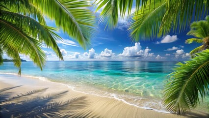 Obraz premium Tropical paradise with sandy shore, crystal-clear water, palm leaves, and gentle waves , beach, tropical, paradise