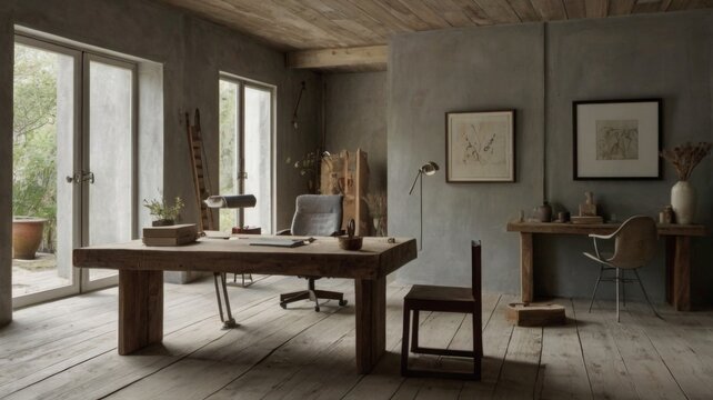 In a small, slanted ceiling room, a modern office designed in the wabi sabi style emerges. The space exudes a balanced blend of simplicity and elegance, with minimalist decor highlighting the beauty o