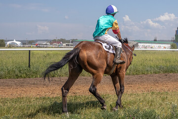 Horse racing at the national Sabantuy festival at the racetrack. A horse led by a jockey. Horse riding competitions. A rider on a horse. High speed when riding a horse.