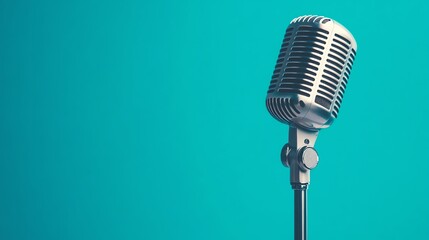 A vintage microphone on a stand against a teal background.