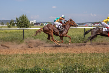 Horse racing at the national Sabantuy festival at the racetrack. A horse led by a jockey. Horse...