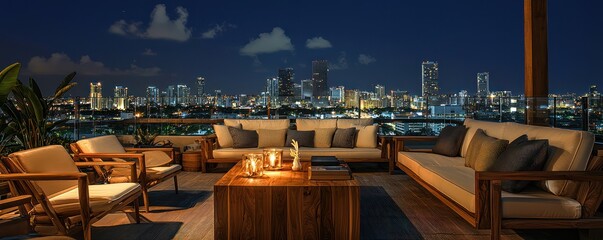 High-end Miami terrace lounge with stylish wooden furniture and panoramic city views, illuminated by city lights