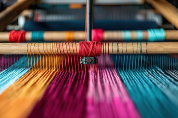 Intricate weaving machine producing vibrant textiles in a factory, Textile Manufacturing, modern fabric production process