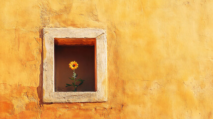 Wall featuring a small square window and a flower under the sunlight.