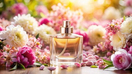 Perfume bottle surrounded by blooming flowers, with focus on floral scent and cosmetic product, fragrance, floral, perfume