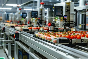 Modern food factory with rows of machines packaging goods, Food Packaging, automated food production line