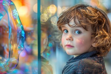 A young boy observing soap bubbles in a window, with a curious expression