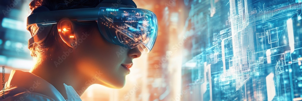 Aufkleber an augmented reality architect designs futuristic buildings in a high-tech cityscape using ar glasse