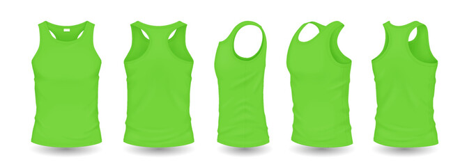 Green men tank tops with design template realistic vector illustration set. Sports clothes with space for logo 3d models on white background