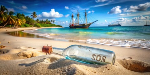 Message in a glass bottle on a tropical island beach with an SOS distress signal, shipwreck in the background, tropical