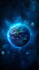 Fototapeta premium Abstract watercolor Earth, surrounded by floating virus particles glowing in ethereal light, [planetary tension], [cosmic interaction].