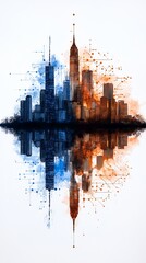 Obraz premium Abstract watercolor city view, with flowing brushstrokes interwoven with digital financial chart patterns, [blending art and economy], [monetary flow].