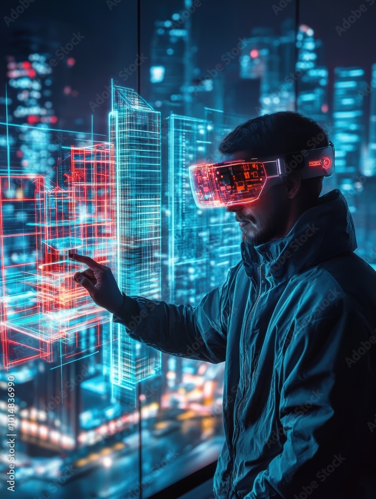 Aufkleber an augmented reality architect designs virtual buildings in a futuristic cityscape using ar glasses 
