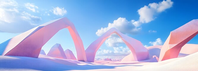 4. A vibrant 3D render depicting an abstract desert landscape with soft pastel tones, geometric structures, and soaring arches, all set beneath a panoramic blue sky dotted with clouds, ideal for