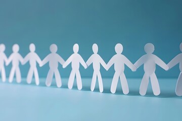 Paper People Holding Hands in a Line on Blue Background