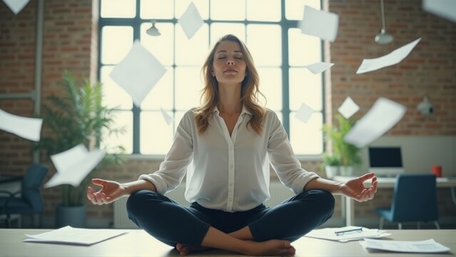 A businesswoman meditating in a modern office with papers floating around her, symbolizing calmness and balance in a chaotic work environment. The scene highlights mindfulness and stress relief. - Powered by Adobe