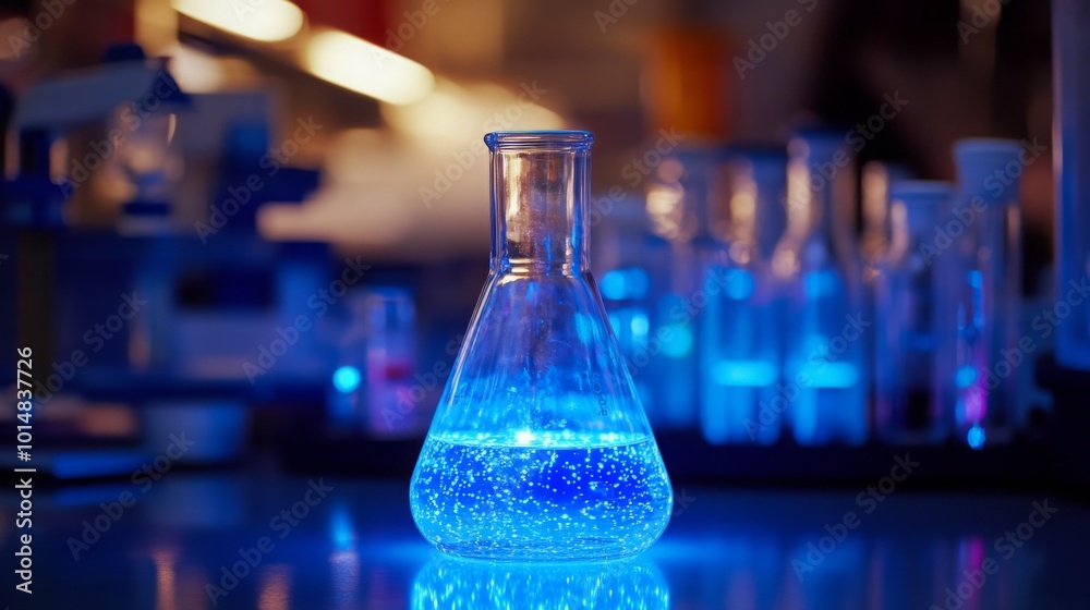 Poster a laboratory setup features a glowing blue liquid in a flask, surrounded by various test tubes, high