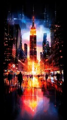 Naklejka premium Ethereal watercolor cityscape with holographic grids connecting the buildings, [urban hologram], [futuristic connections].