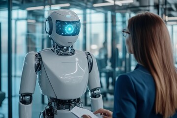 Robot working at computer among people. Maschine typing on keyboard in office. IT team of future. Futuristic worker. Humanoid work at call center. Support job. Selling concept. Technologies.