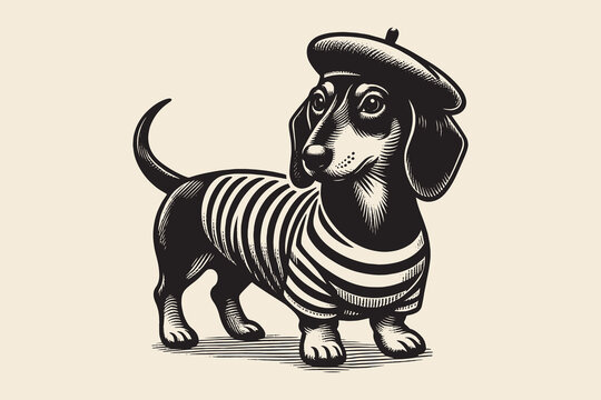 	
French dachshund in a beret and a striped T-shirt. Vintage engraving vector illustration, emblem, logo, cut ou