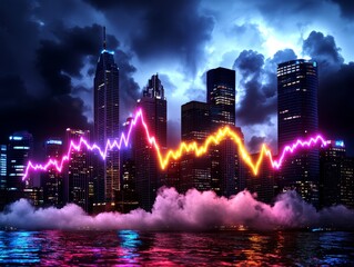 Foggy cityscape painted in delicate watercolors, with bright, sharp financial charts cutting through the mist, [clarity in finance], [city economy].