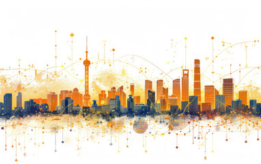 Simple golden lines silhouettes of the city