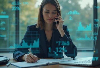A businesswoman in a modern office analyzing stock market data on her computer while talking on the phone. The scene reflects financial analysis, multitasking, and professional work.