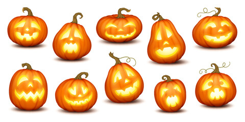 Illuminated jack-o-lanterns with scary grimaces realistic color icons set. Traditional Halloween pumpkins symbols 3d characters bundle