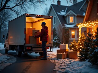 Delivery Driver Unloading Boxes at Winter Home