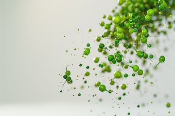 A bunch of green peas suspended in mid-air, a whimsical and creative scene