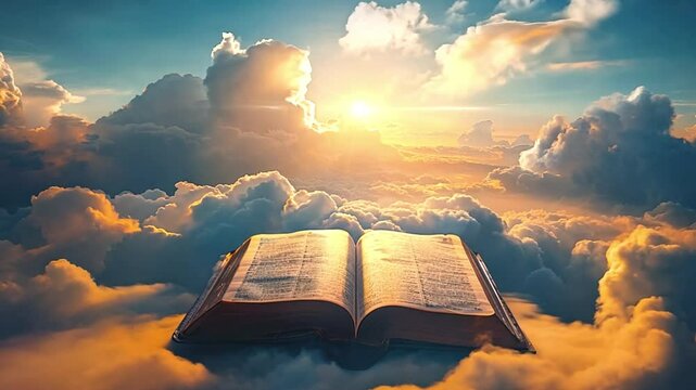 Bible in heaven clouds with beam of light breaking through the clouds, illuminating an open bible with light rays spreading out. with the title boldly placed in the center. Holy Cristian concept 4k