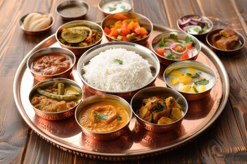 A silver plate filled with different types of food, ideal for editorial or commercial use