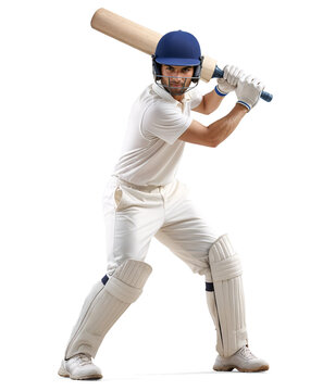 Cricket batter in a batting stance ready to swing his bat, isolated background