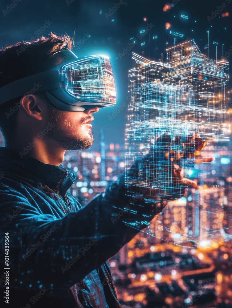 Aufkleber An augmented reality architect crafts virtual buildings in a futuristic city using AR glasses in vibrant urban settings. Generative AI