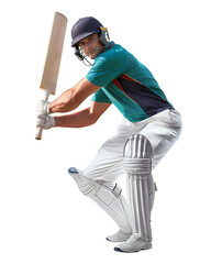 Cricket batter in swing motion to hit a ball on isolated background