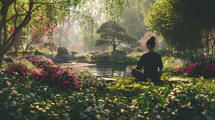 Woman Meditating in a Serene Garden by a Pond