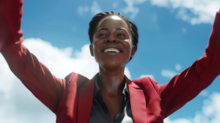 A woman stands with raised arms, possibly celebrating or expressing joy