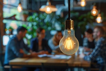 Retro Light Bulb Illuminates Coffee Shop Meeting