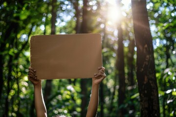 A person holding up a sign in a wooded area, with trees and foliage surrounding them